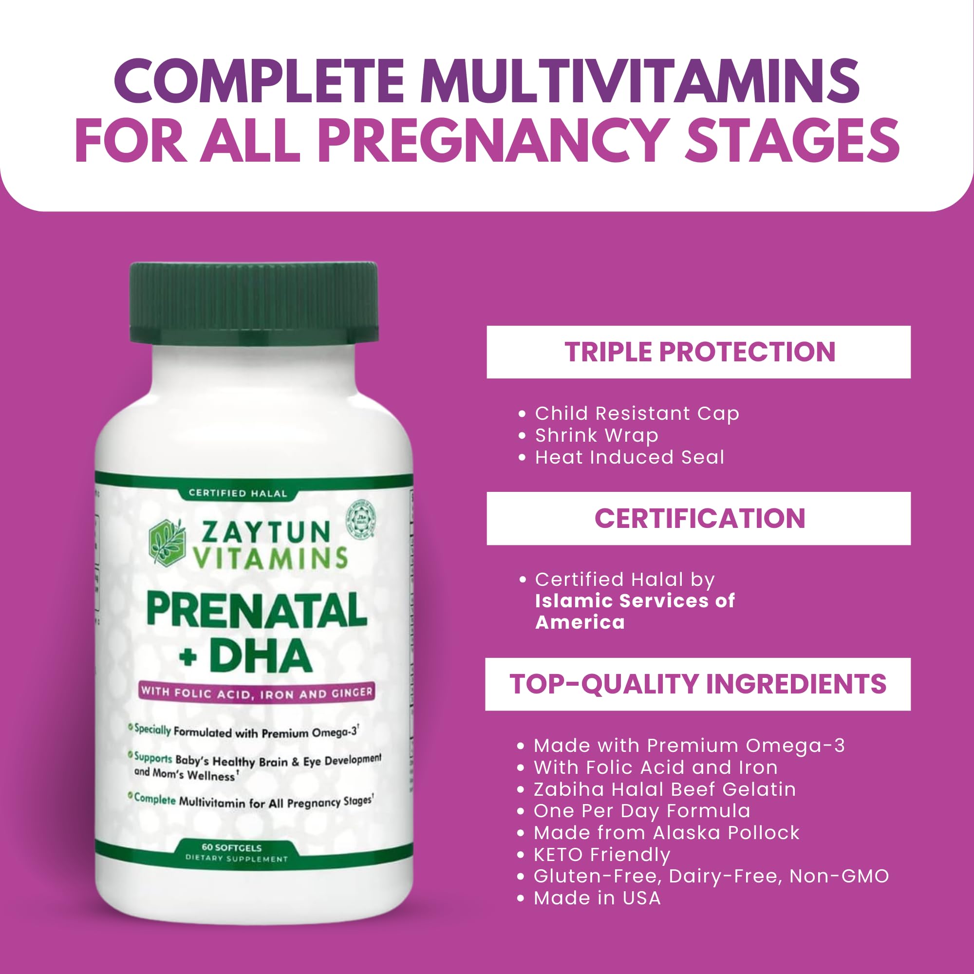 Zaytun Halal Prenatal vitamins shown with calendar for daily routine.