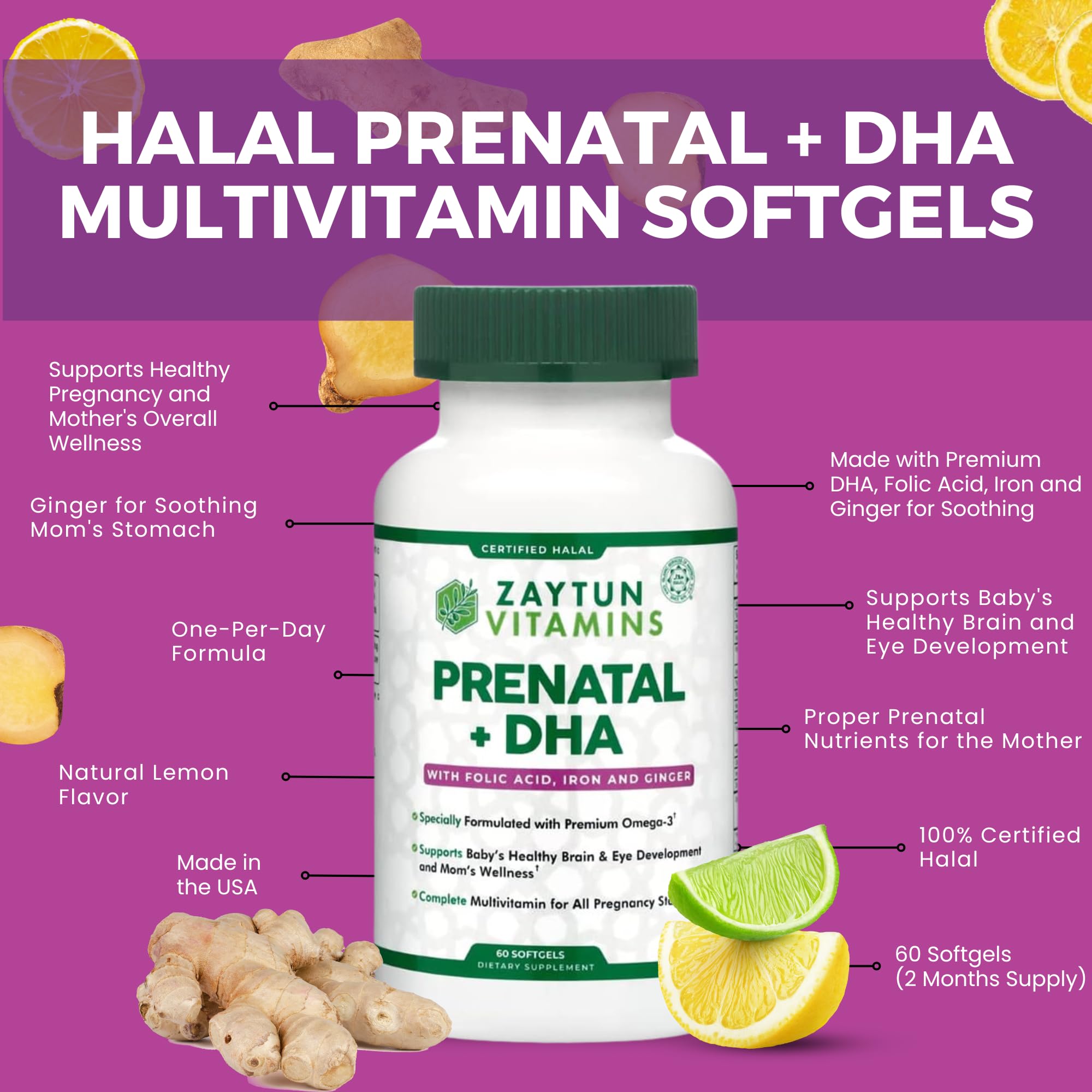 Zaytun Prenatal DHA softgel bottle beside a glass of water for daily use.