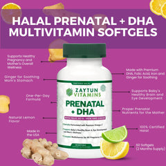 Zaytun Prenatal DHA softgel bottle beside a glass of water for daily use.