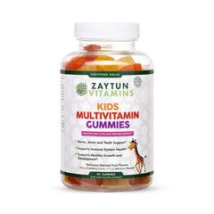 Zaytun Kids Multivitamin Gummies bottle shows bright fruit flavors for daily vitamins.