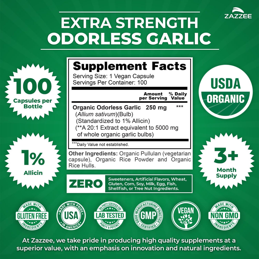 Zazzee Garlic extract 1% allicin potency shown in clear capsule form.