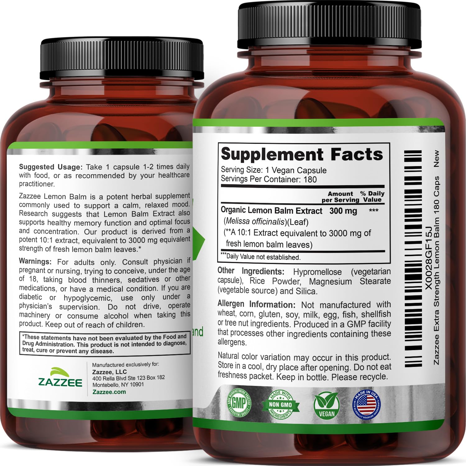All natural vegan capsules from Zazzee Organic Lemon Balm for mood support