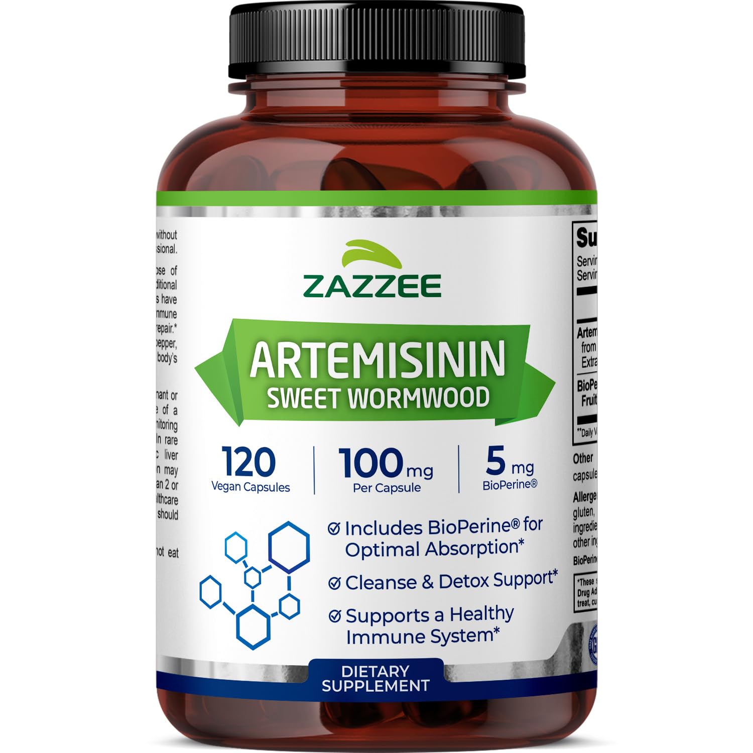 Zazzee Artemisinin bottle front for daily vegan supplement routine.