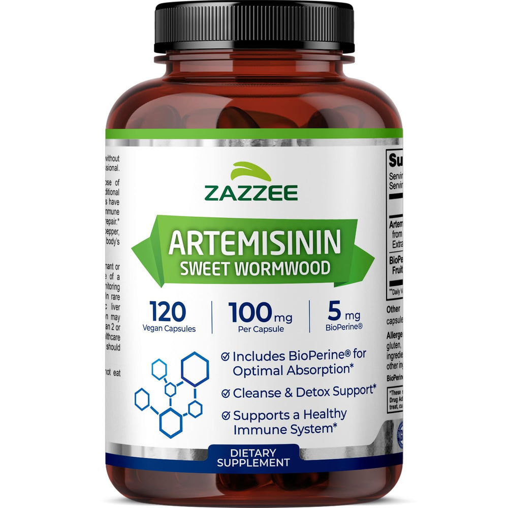 Zazzee Artemisinin bottle front for daily vegan supplement routine.