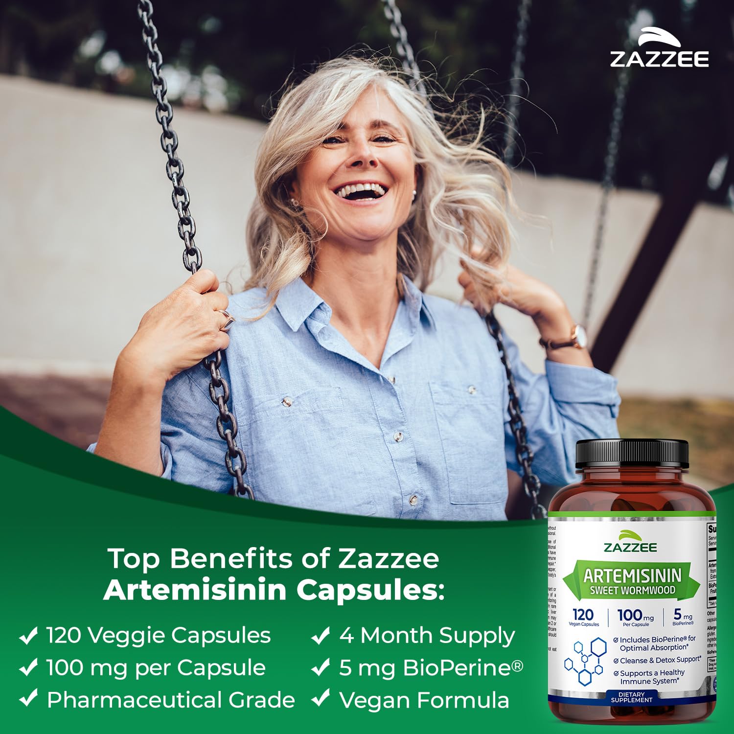 Close-up of Zazzee Artemisinin capsules showing 100 mg dose.