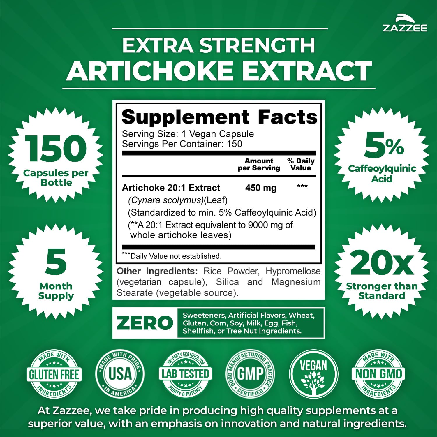 Zazzee Artichoke 20:1 extract capsule emphasizing concentrated potency.