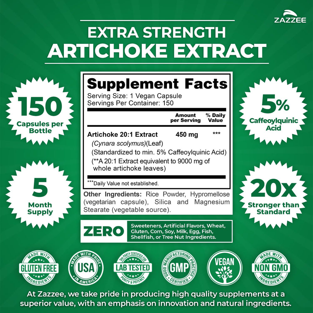 Zazzee Artichoke 20:1 extract capsule emphasizing concentrated potency.