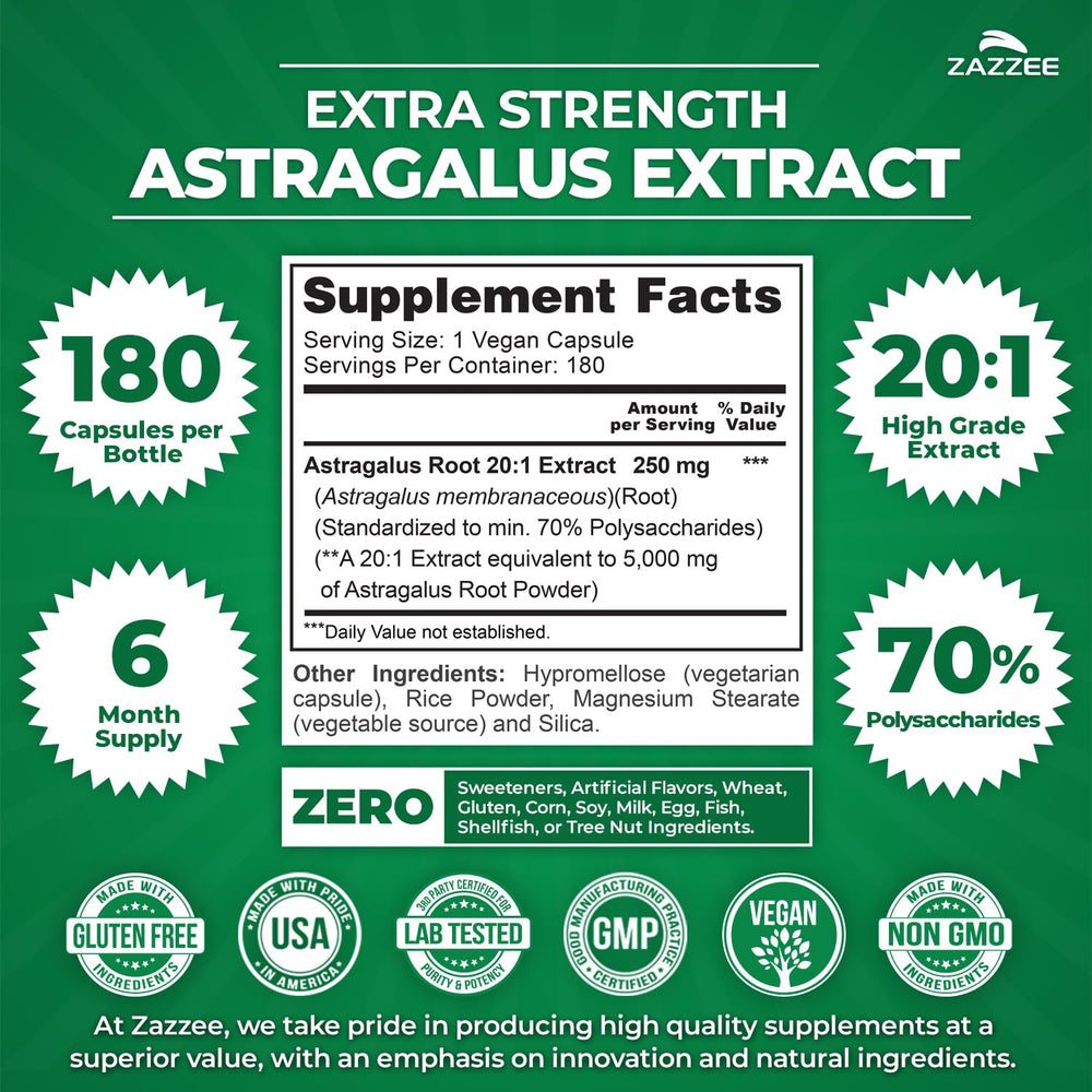 Zazzee label highlights 70% polysaccharides for standardized potency.