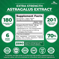 Zazzee label highlights 70% polysaccharides for standardized potency.