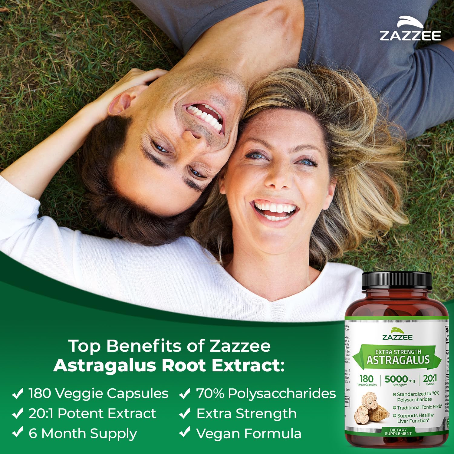 Close-up of Zazzee Astragalus root extract capsules ready for daily use.