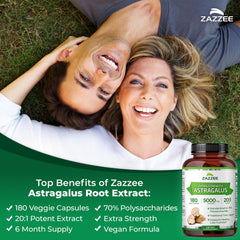 Close-up of Zazzee Astragalus root extract capsules ready for daily use.