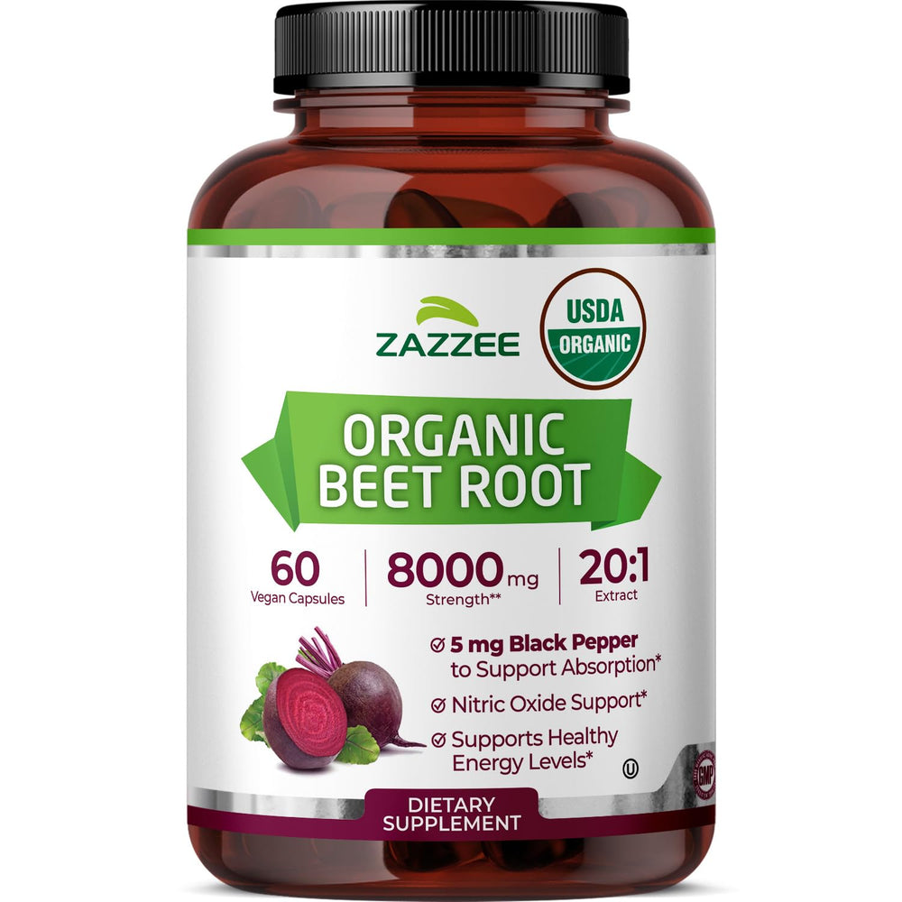 Zazzee Organic Beet Root Extract bottle showing 20:1 potency for strong support.