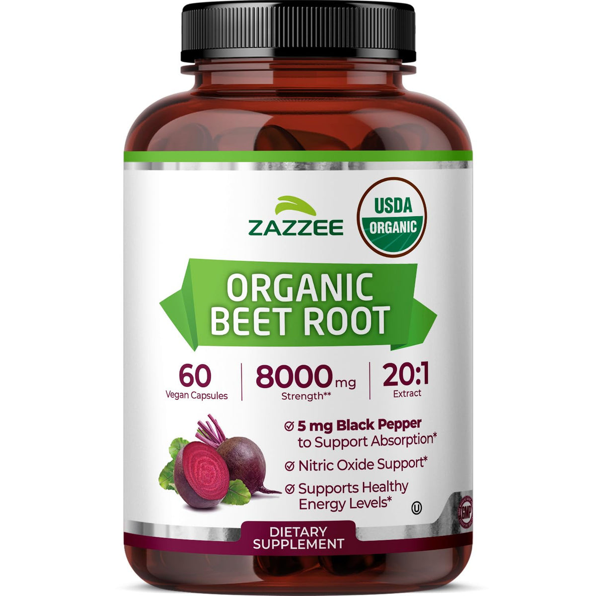 Zazzee Organic Beet Root Extract bottle showing 20:1 potency for strong support.