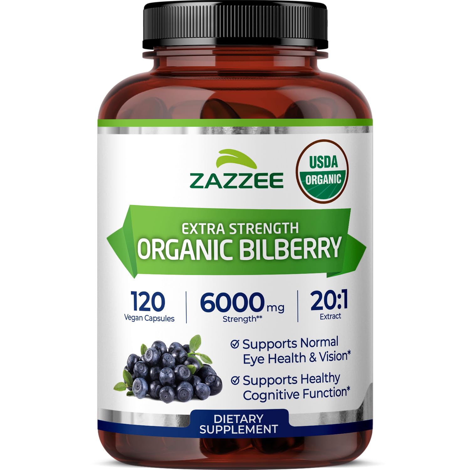 Zazzee Bilberry 20:1 extract bottle supports daily eye comfort with concentrated, organic formula.