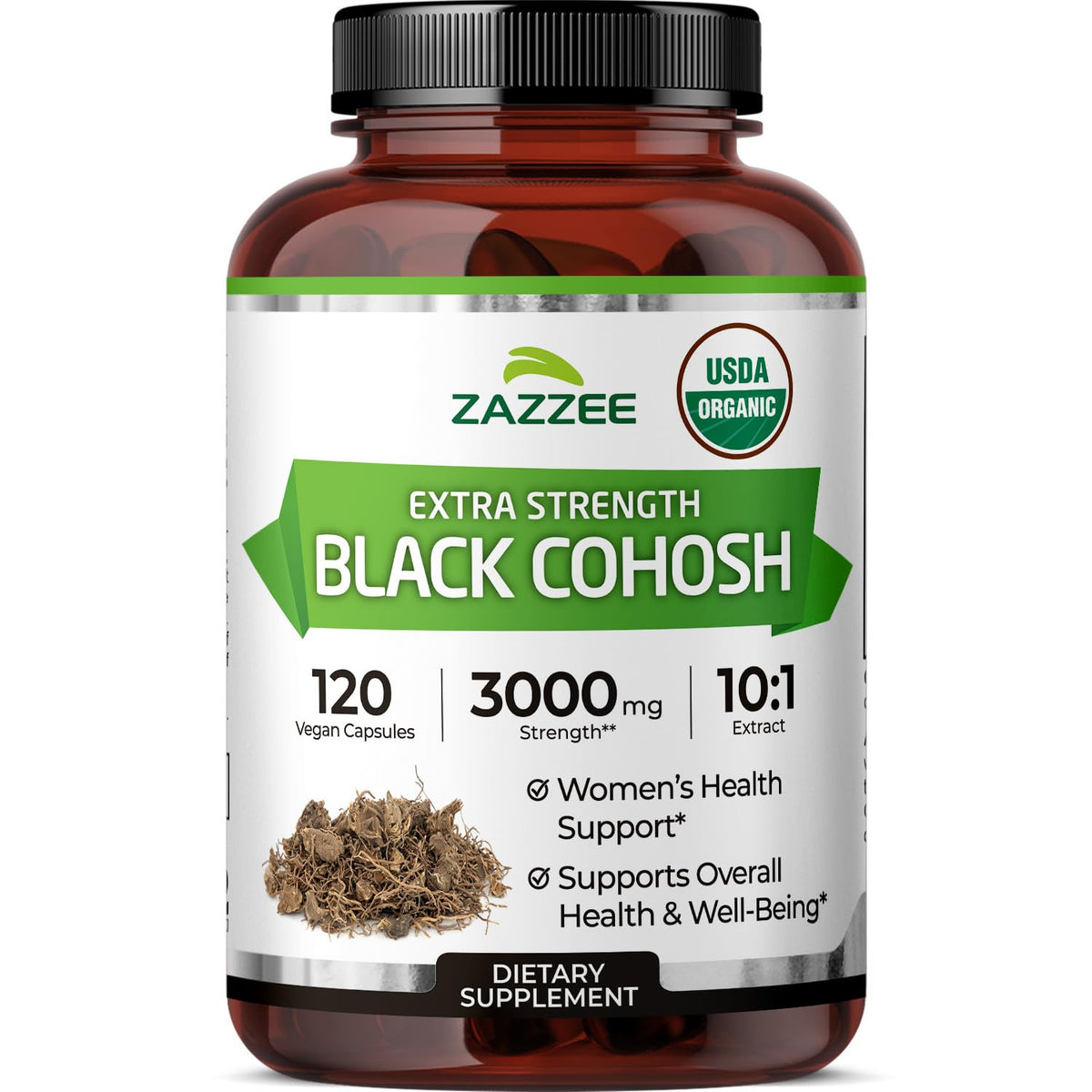 Zazzee Black Cohosh bottle with organic certification for pure herbal support.