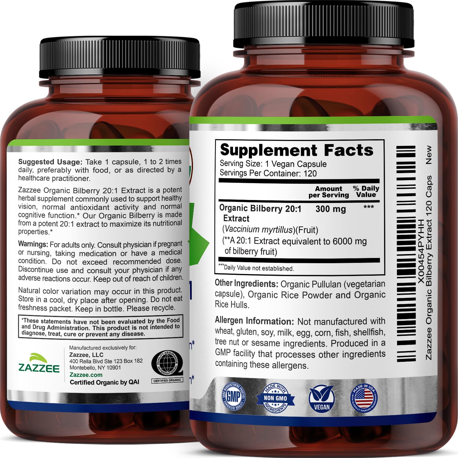 Zazzee capsule close-up emphasizes vegan, non-GMO composition.