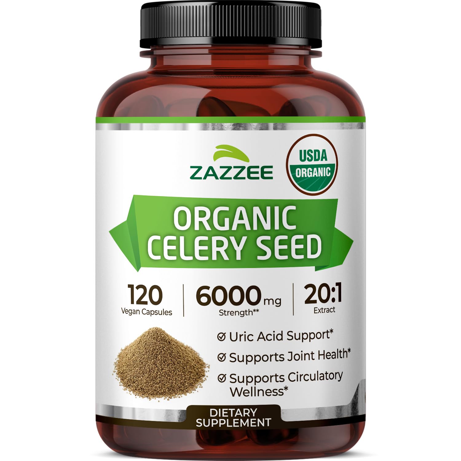 Zazzee celery seed 20:1 extract bottle for daily antioxidant support.