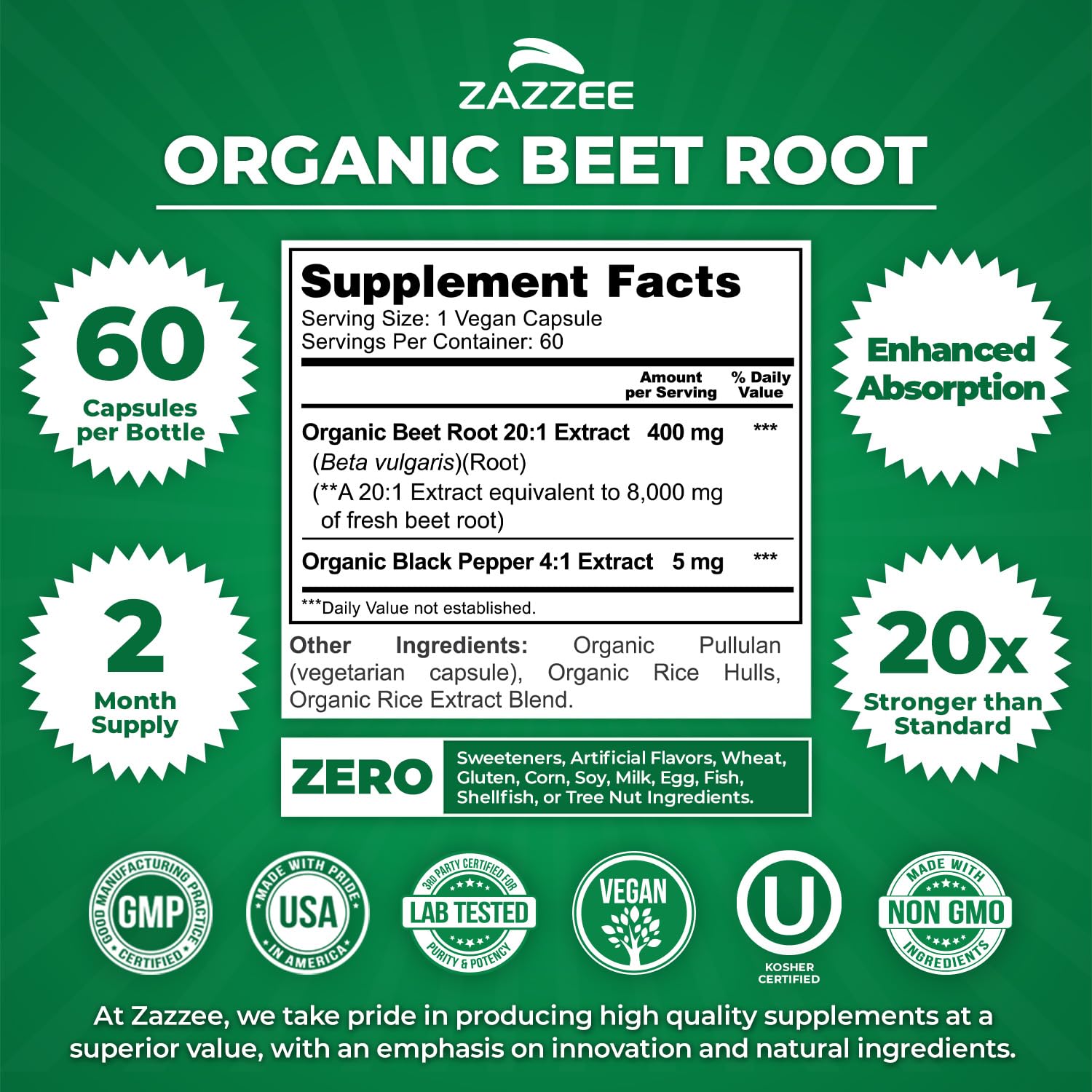 Zazzee USDA Organic Beet Root label signaling organic, non-GMO quality.