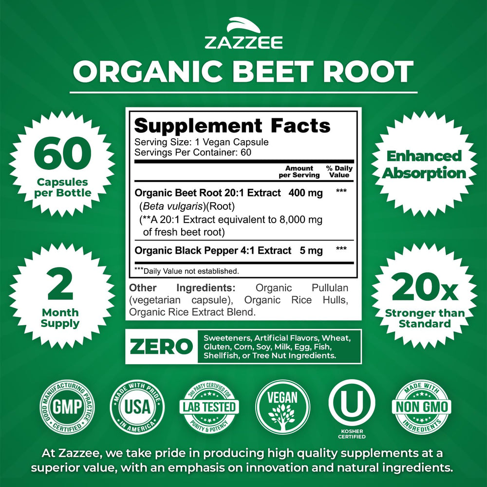 Zazzee USDA Organic Beet Root label signaling organic, non-GMO quality.