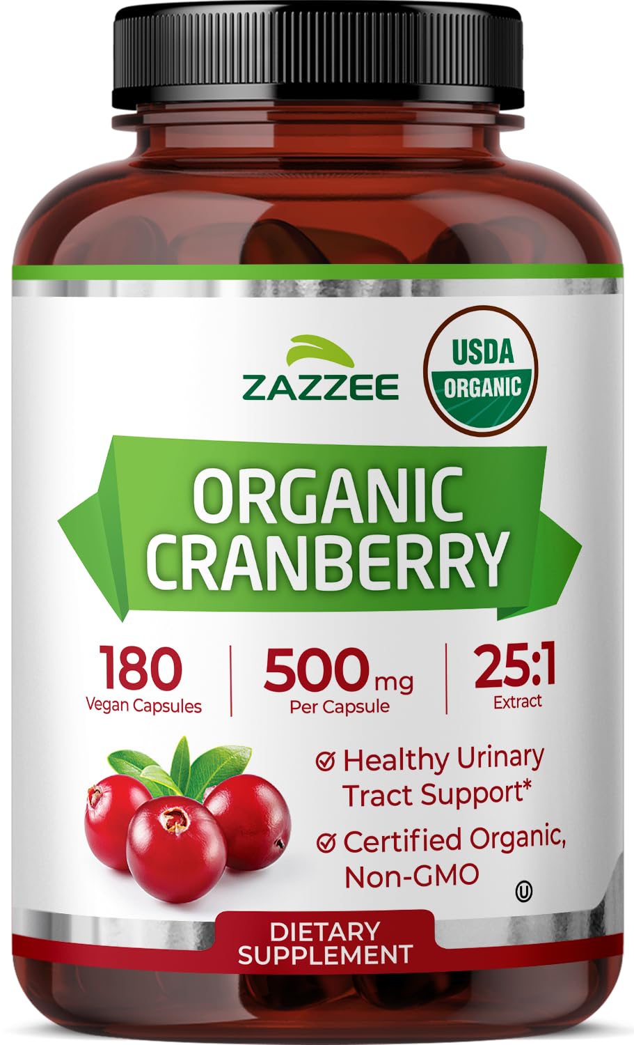 Zazzee cranberry 25:1 extract capsule, 500 mg potency for daily use.