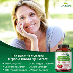Zazzee organic cranberry capsules with natural pink-red color.
