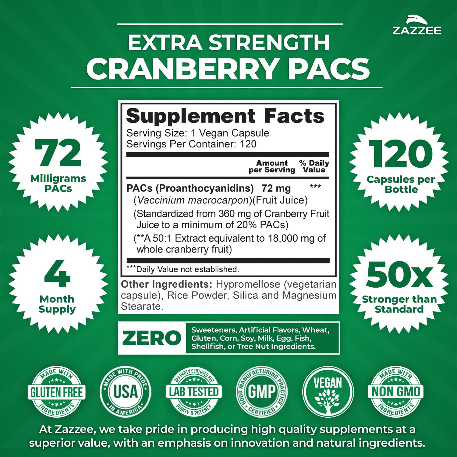 Zazzee Cranberry PACs bottle back with supplement facts for daily use.