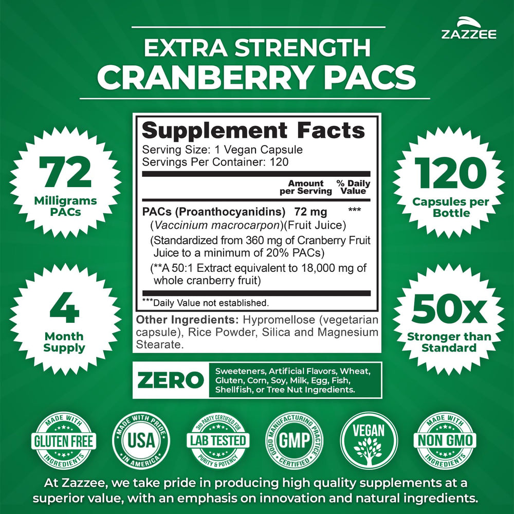Zazzee Cranberry PACs bottle back with supplement facts for daily use.