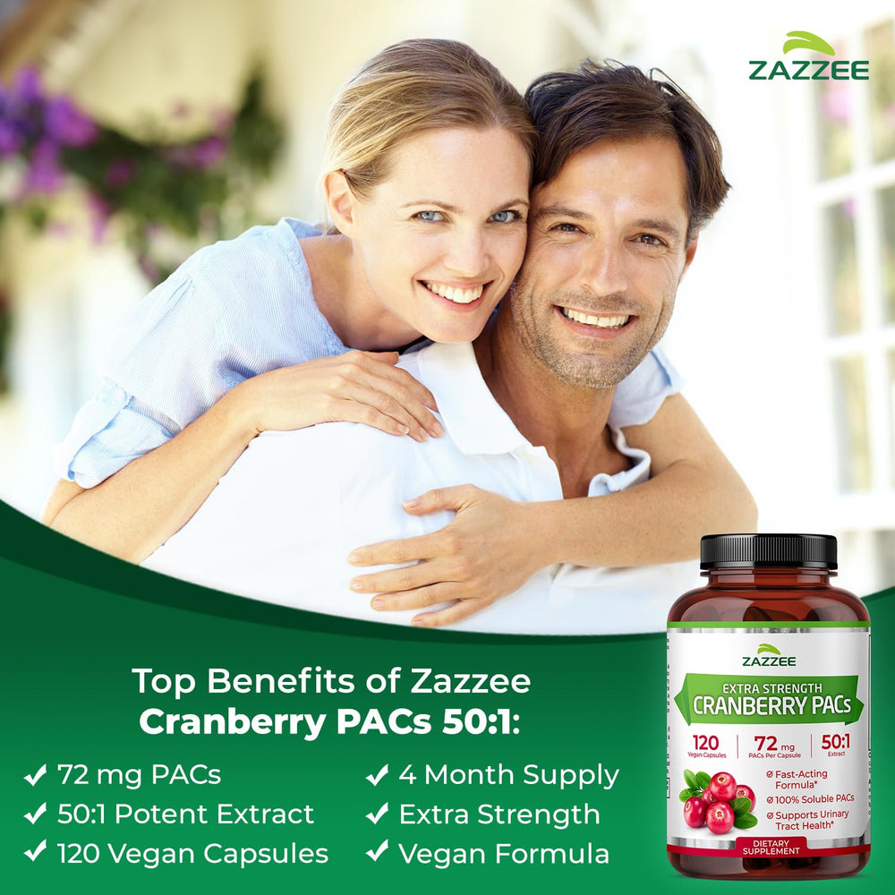 Close-up of Zazzee Cranberry PACs capsules for easy swallowing.