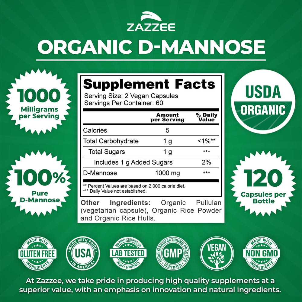 Zazzee D-Mannose USA-made facility badge emphasizes high manufacturing standards.