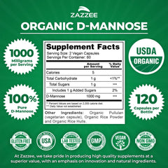 Zazzee D-Mannose USA-made facility badge emphasizes high manufacturing standards.