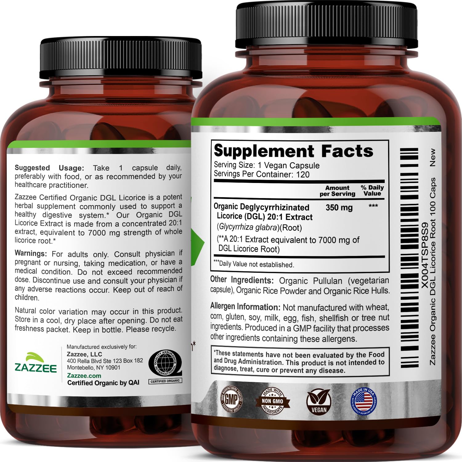 Zazzee DGL Licorice bottle shows 120 capsules for four months