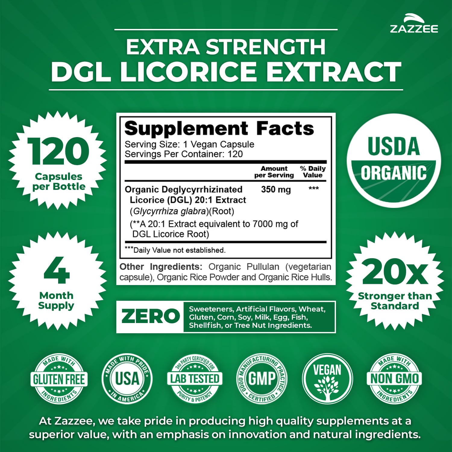USDA Organic label on Zazzee DGL Licorice bottle