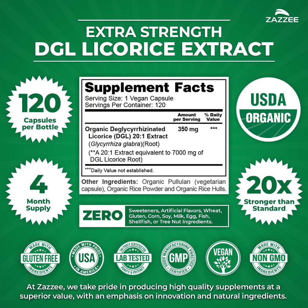 USDA Organic label on Zazzee DGL Licorice bottle