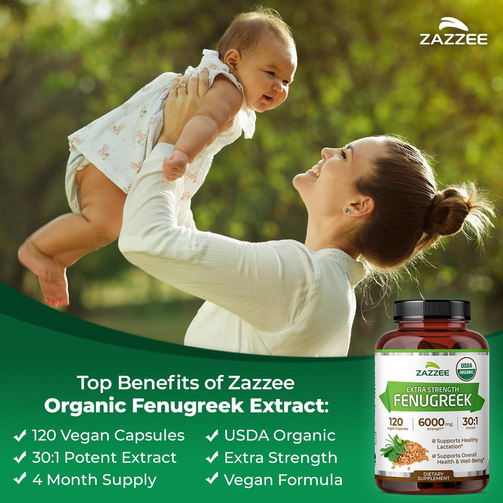 Zazzee extra-strength 30:1 fenugreek capsules for concentrated daily use.