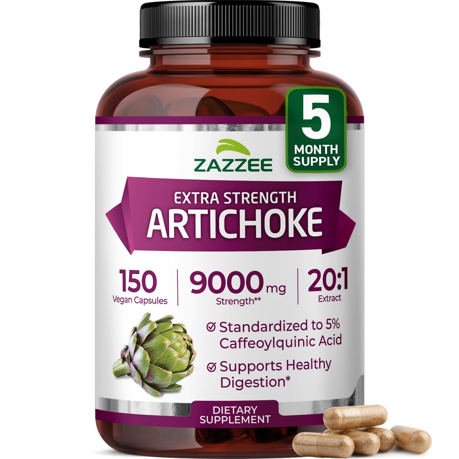 Zazzee Extra Strength Artichoke bottle close-up highlighting potency.