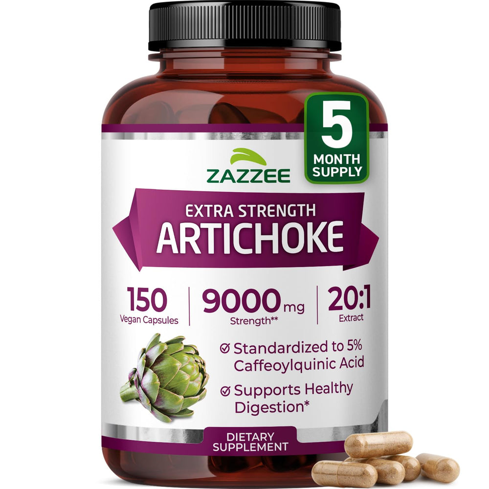 Zazzee Extra Strength Artichoke bottle close-up highlighting potency.
