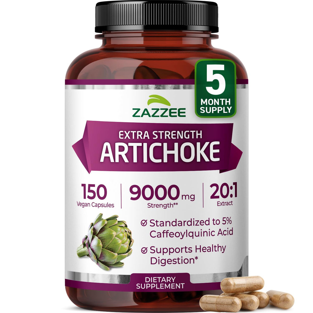Zazzee Extra Strength Artichoke bottle close-up highlighting potency.