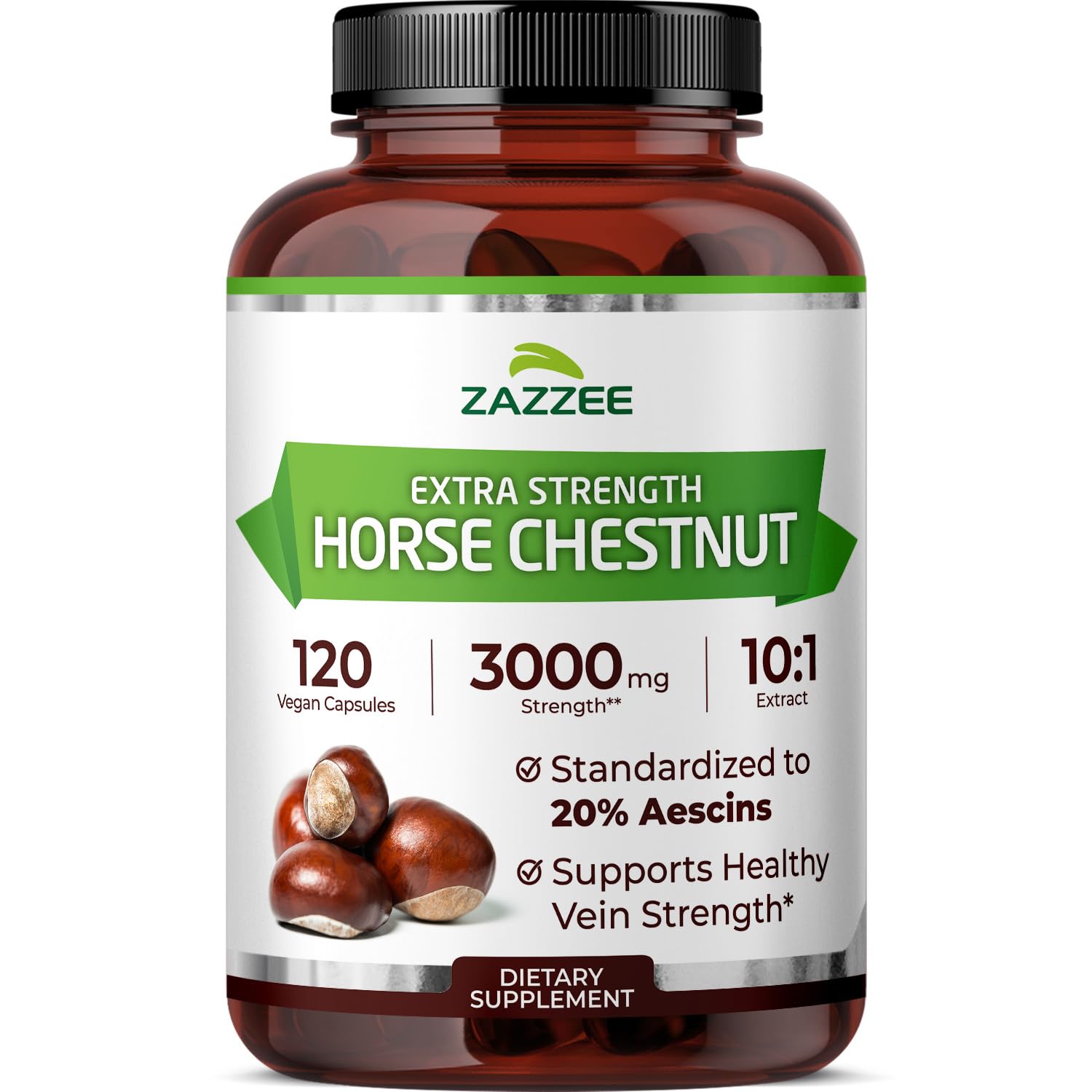 Zazzee extra strength horse chestnut bottle for circulation support.
