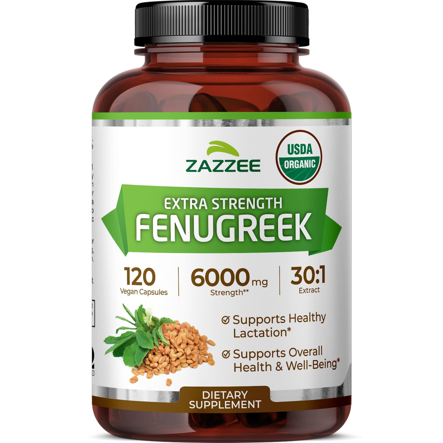 Zazzee fenugreek 30:1 extract bottle offers potent herbal support for daily wellness.