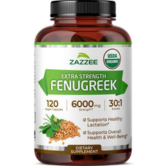 Zazzee fenugreek 30:1 extract bottle offers potent herbal support for daily wellness.