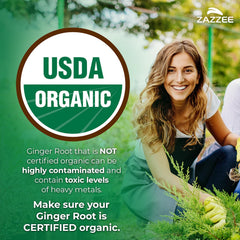 Zazzee organic ginger root extract with 5% gingerols highlighting potent ingredients.