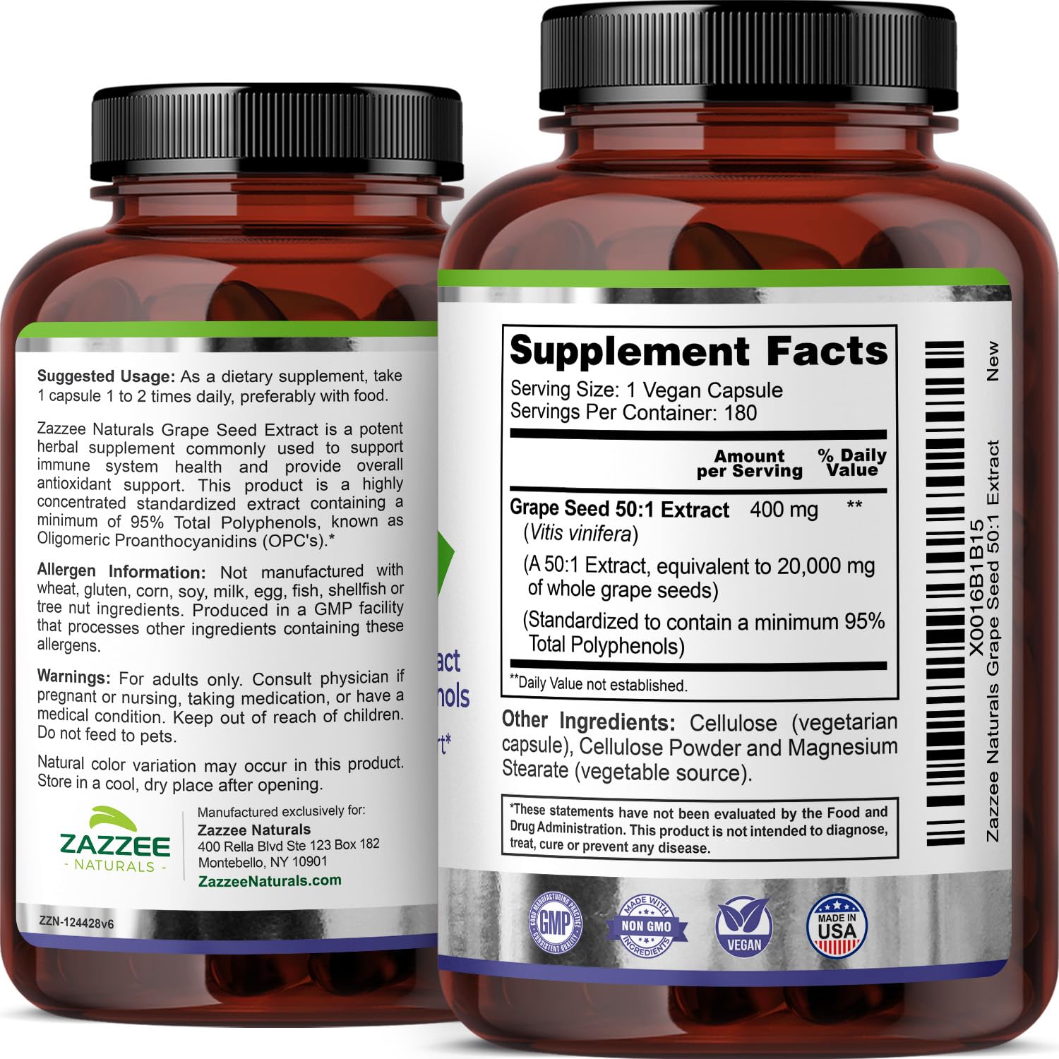 Zazzee Grape Seed Extract bottle with twist cap, convenient daily capsule intake.