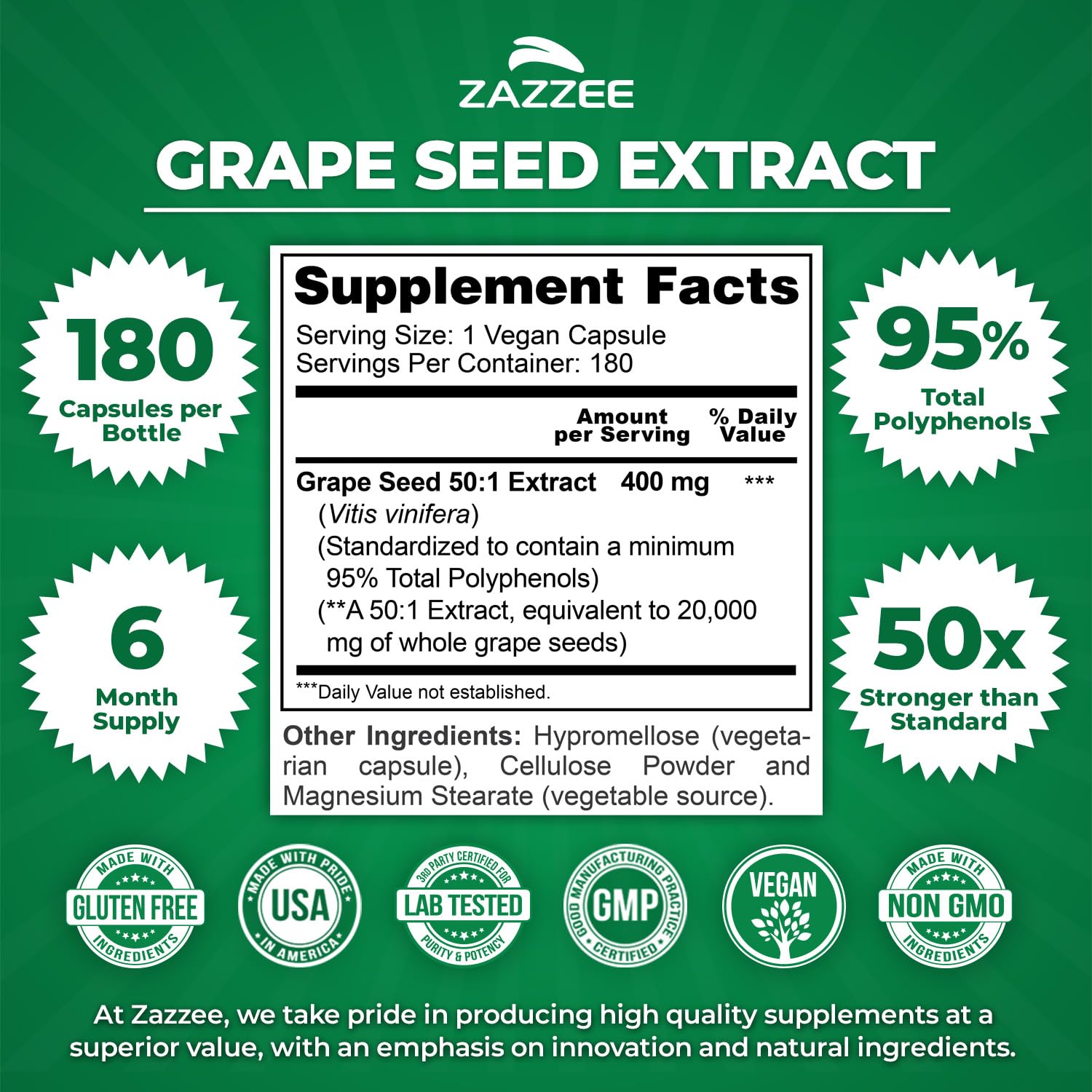 Zazzee Grape Seed Extract capsules close-up, high potency polyphenols for everyday vitality.