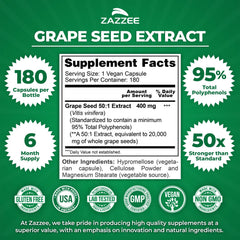 Zazzee Grape Seed Extract capsules close-up, high potency polyphenols for everyday vitality.