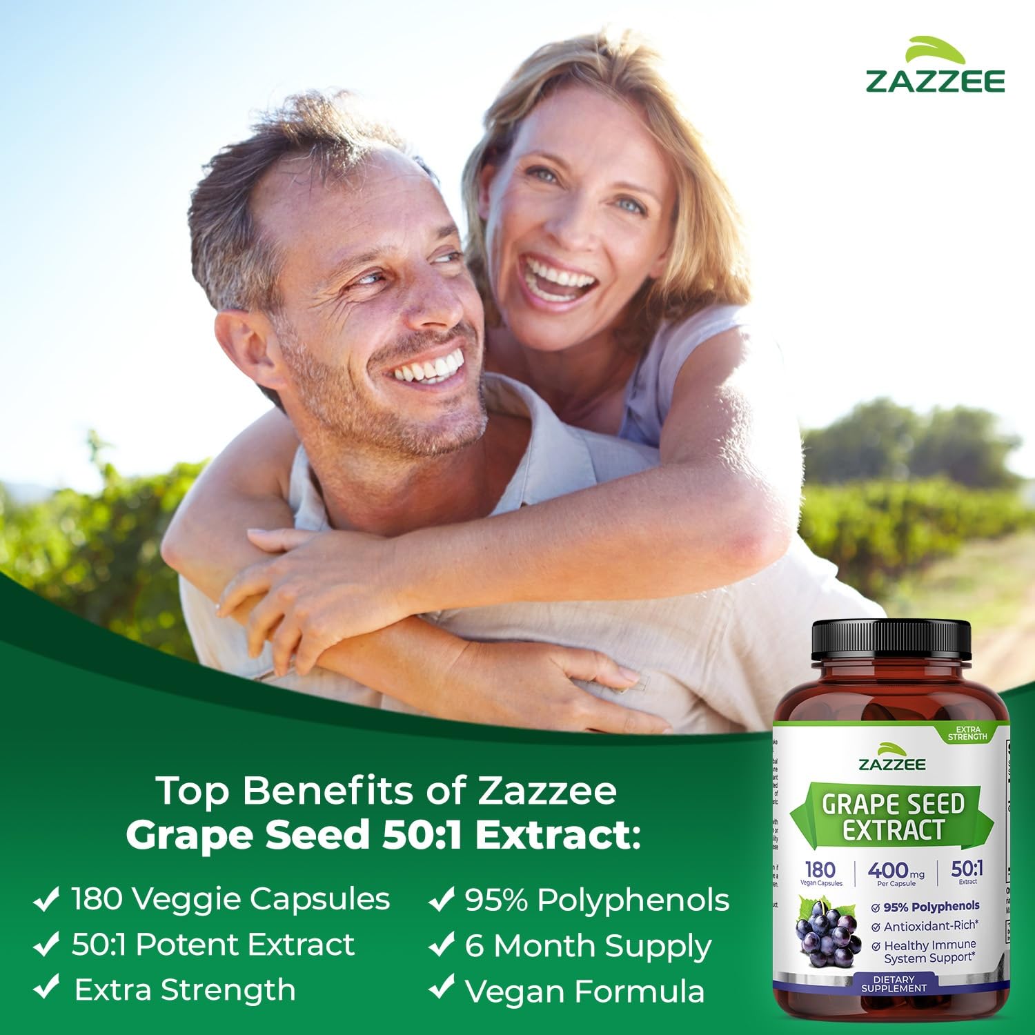 Zazzee Grape Seed Extract label detail showing 95% polyphenols potency.