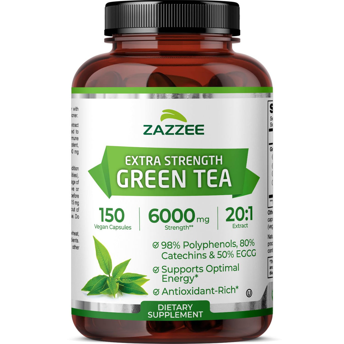 Zazzee Green Tea Extract bottle with 150 capsules for a long-lasting supply.