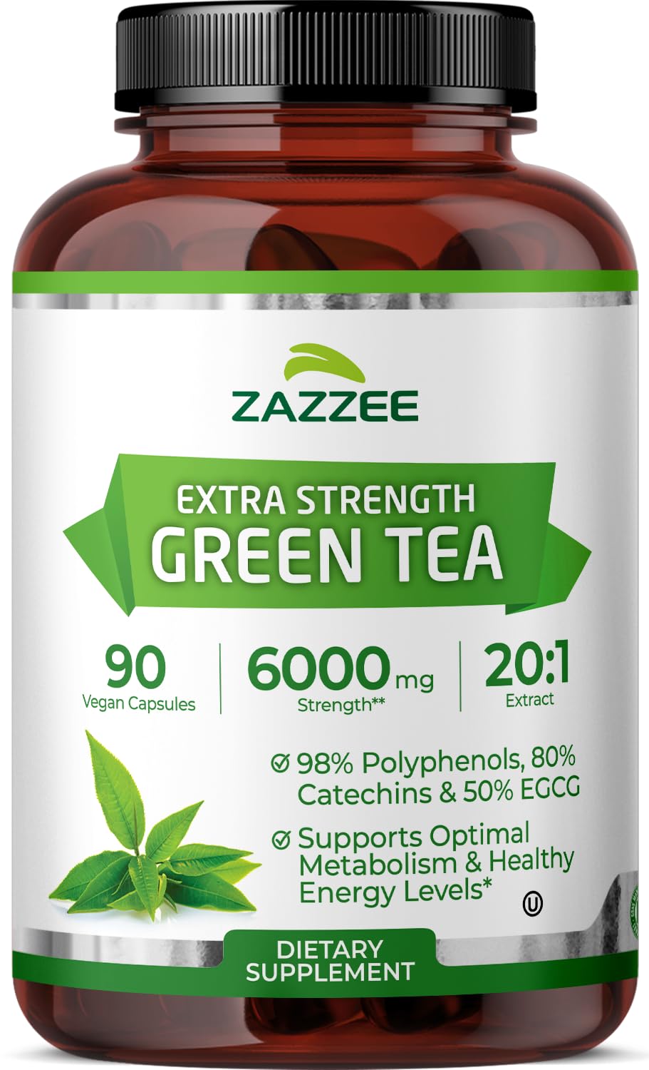 Zazzee Green Tea Extract bottle shows potent antioxidant potential.