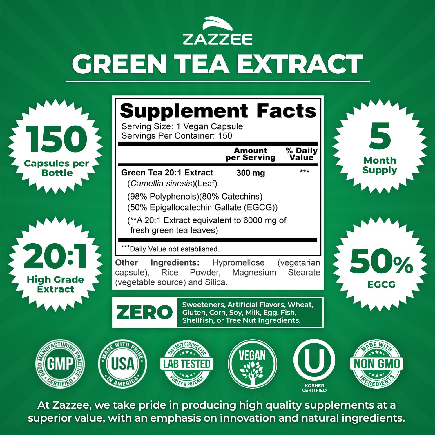 Zazzee Green Tea Extract capsules closeup highlighting 50% EGCG for potent antioxidant support.