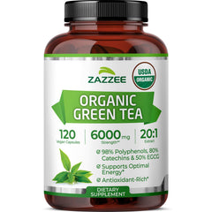 Zazzee green tea extract bottle showing potent 20:1 ratio for energy support.