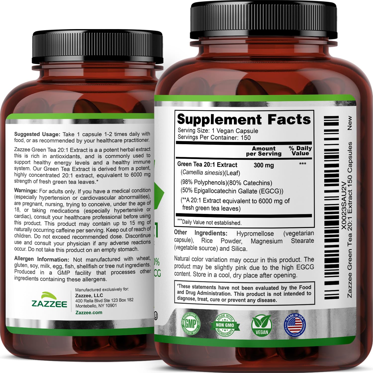 Zazzee vegan capsule closeup highlighting plant-based, non-GMO formula.